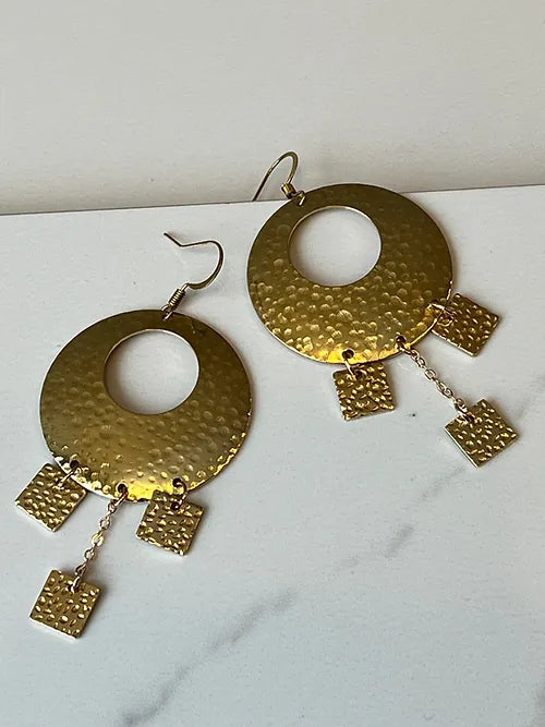 Hammered Brass Earrings with Square Accents