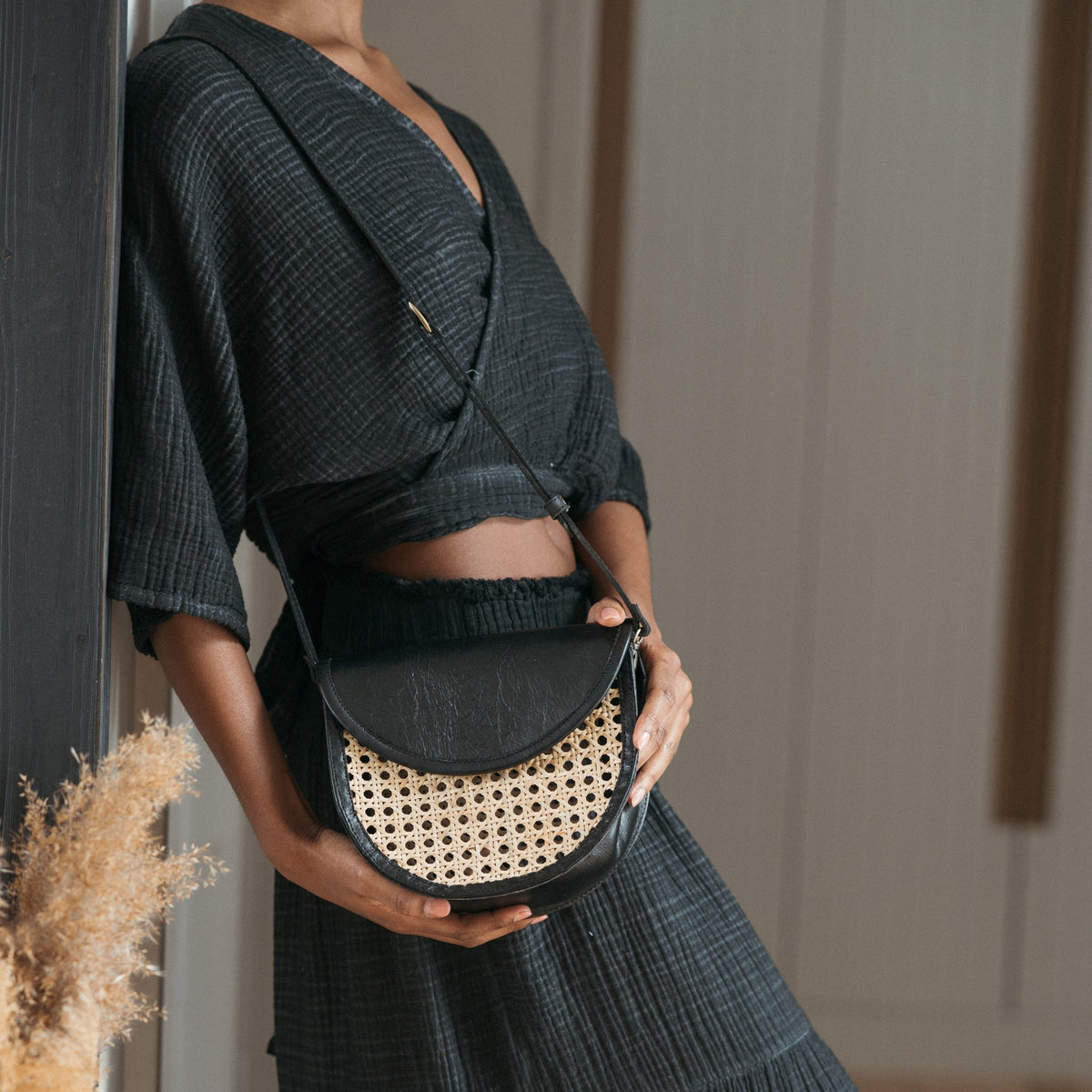 Half Moon Leather Bag with Cane Accent