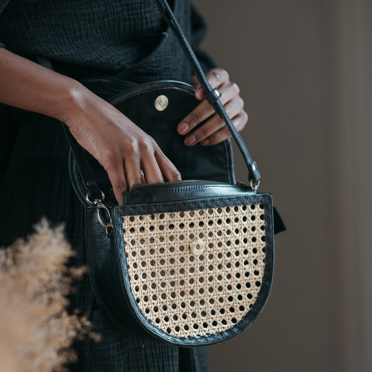 Half Moon Leather Bag with Cane Accent