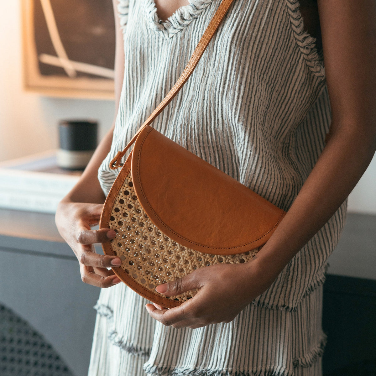 Half Moon Leather Bag with Cane Accent