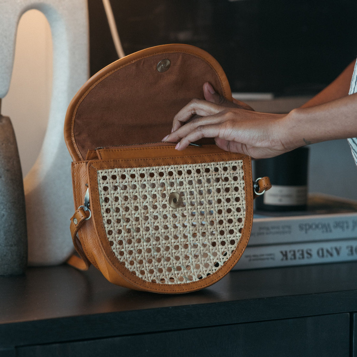 Half Moon Leather Bag with Cane Accent