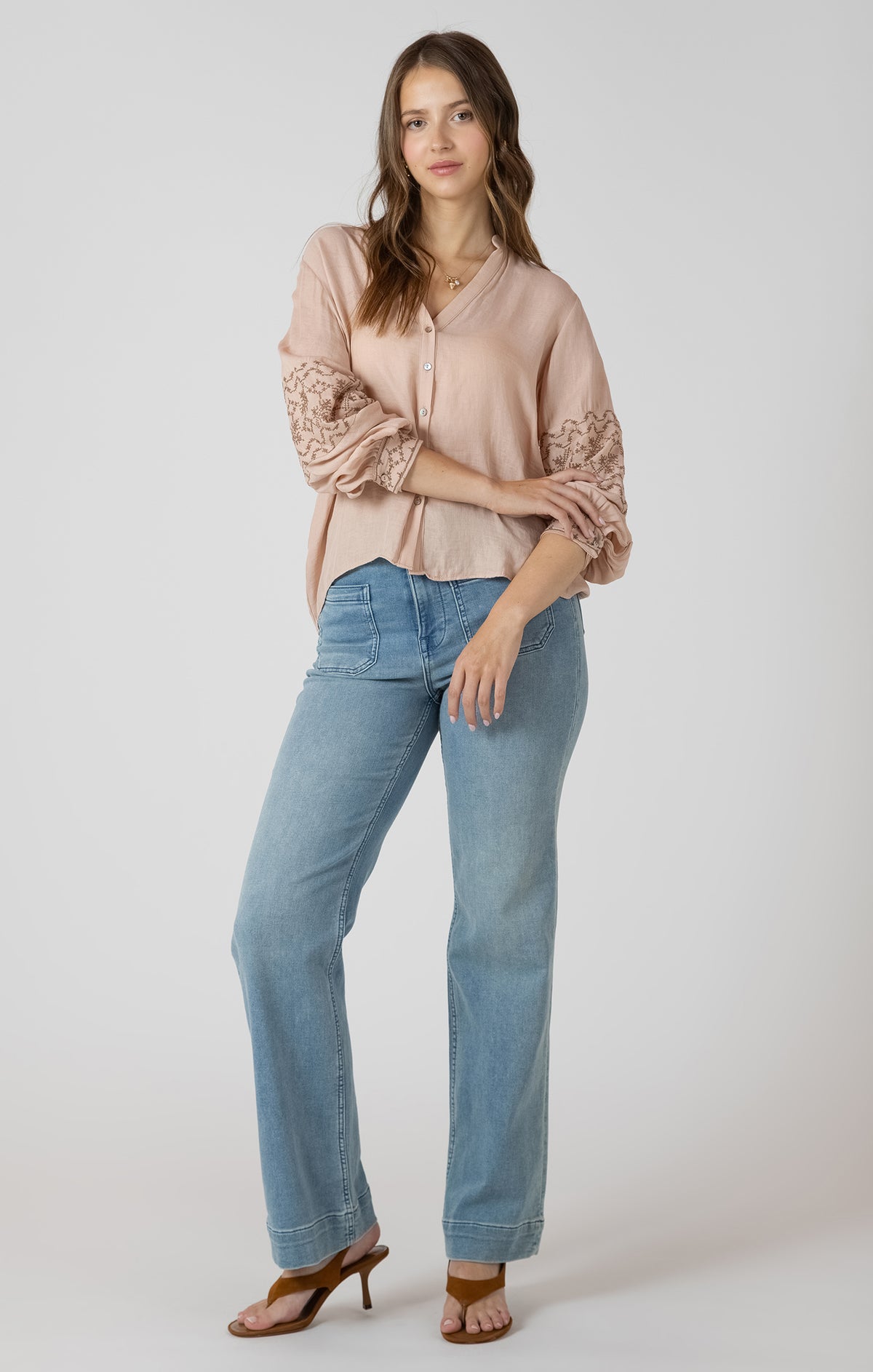 Embroidered Button Front Blouse