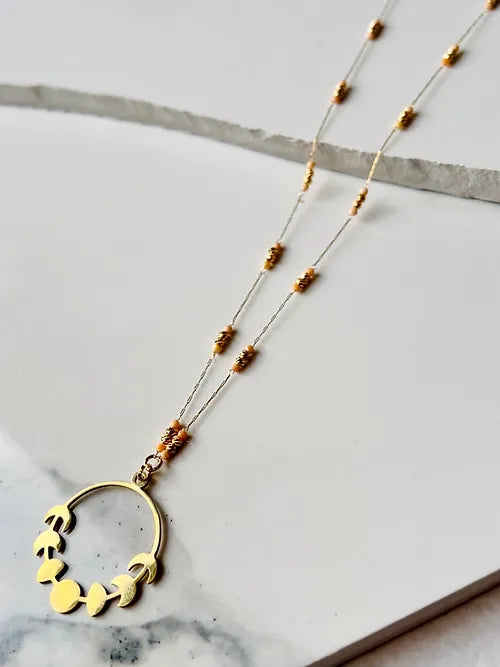 Beaded Pink Agate Chain + Moonphase Pendant Necklace
