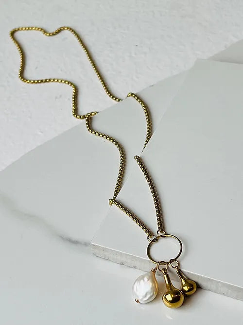 Brass and Pearl Pendant Necklace