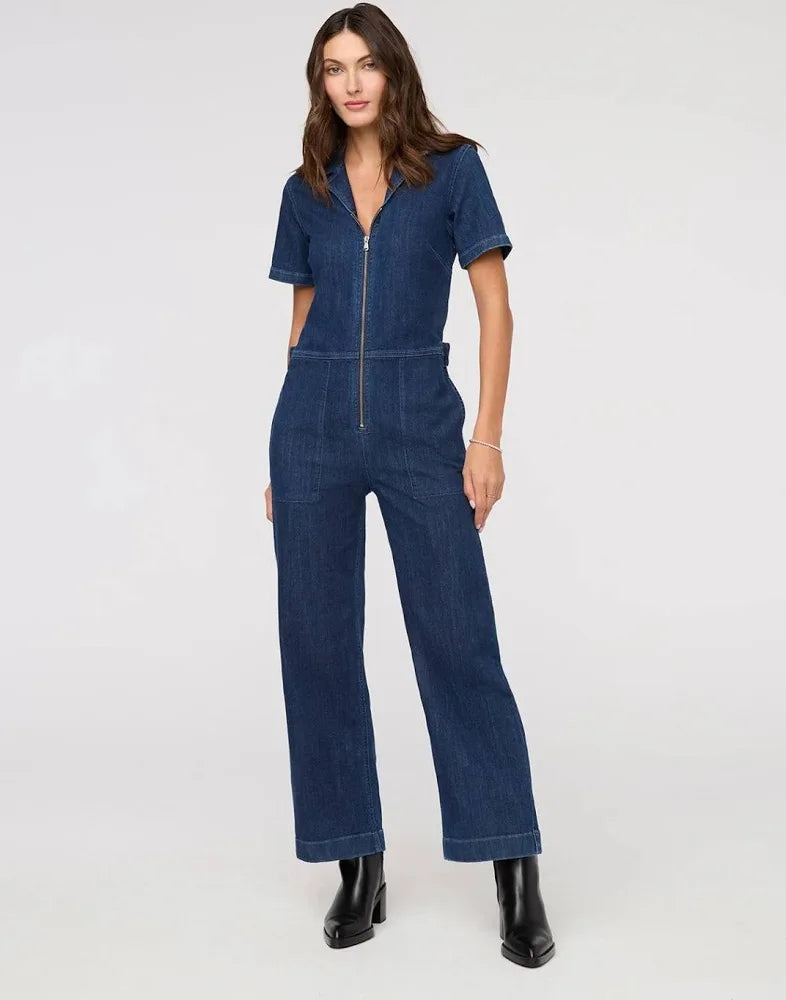 Performance Denim Short Sleeve Jumpsuit