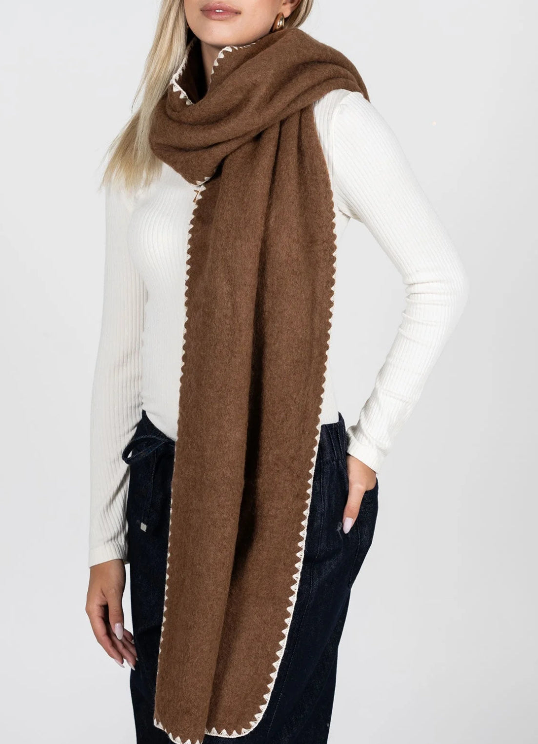 Wool Blend Contrast Stitch Scarf