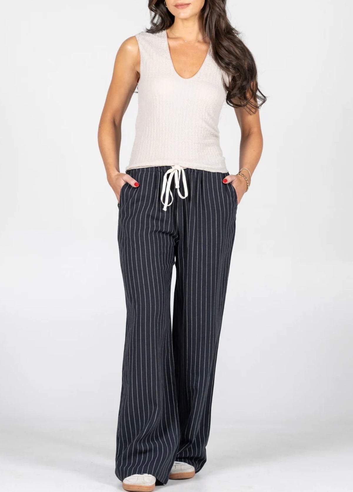 Linen Tencel Stripe Wide Leg Pant