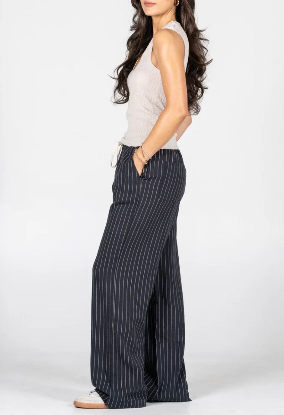 Linen Tencel Stripe Wide Leg Pant