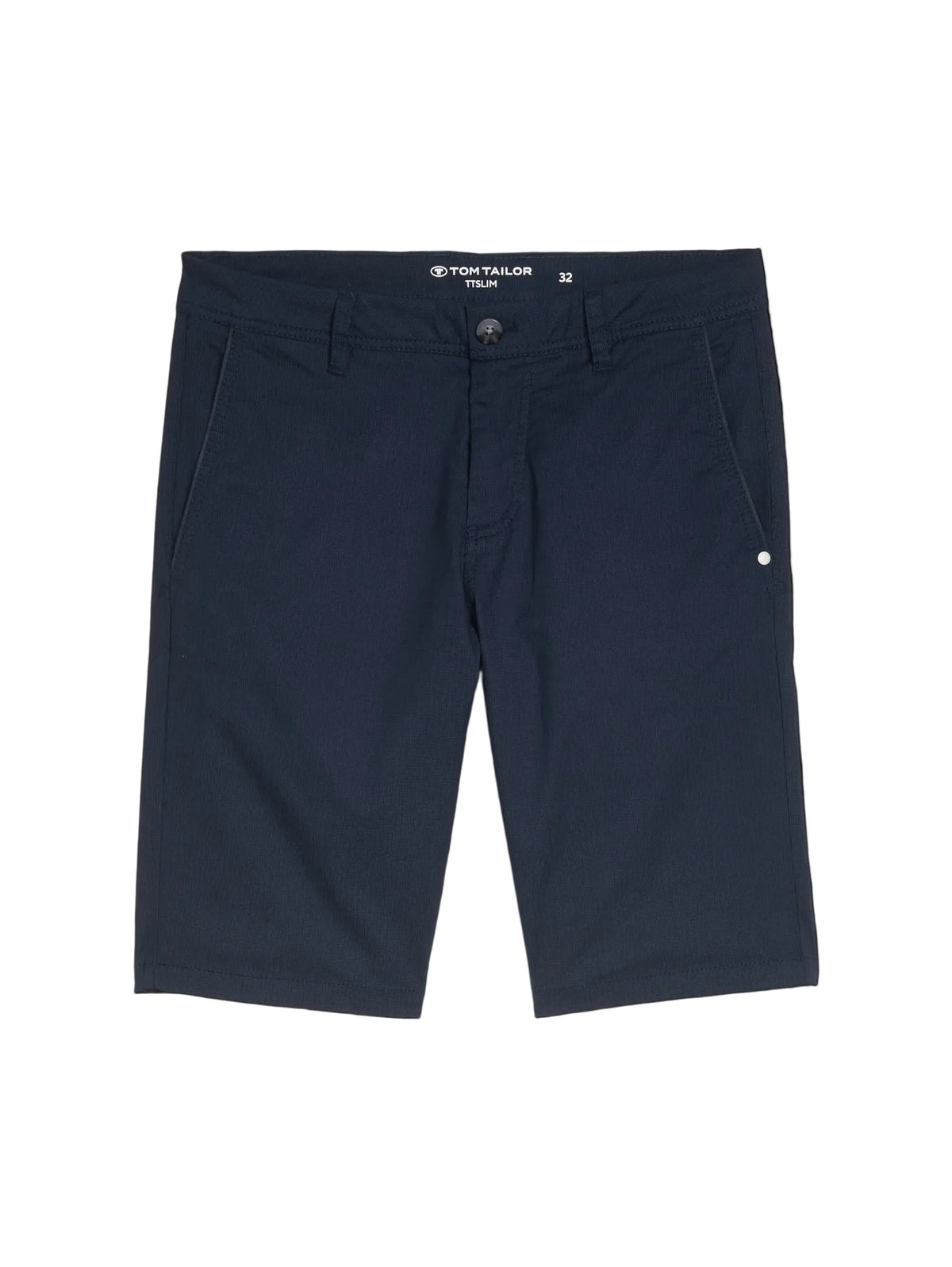 Navy shorts with a brand label on a black background