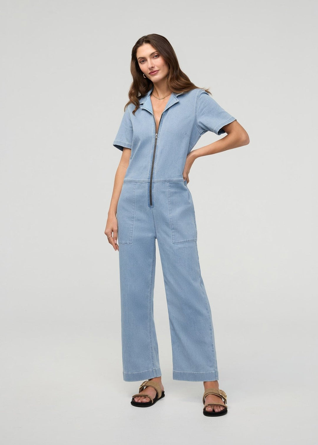 Performance Denim Short Sleeve Jumpsuit