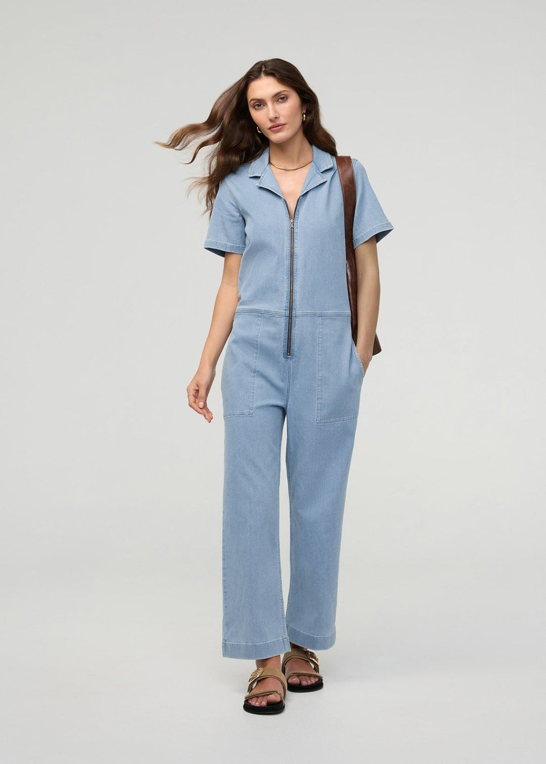 Performance Denim Short Sleeve Jumpsuit