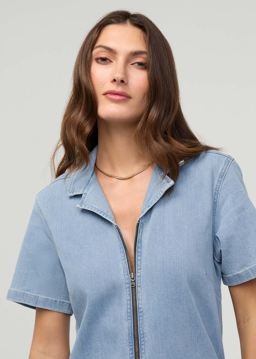 Performance Denim Short Sleeve Jumpsuit