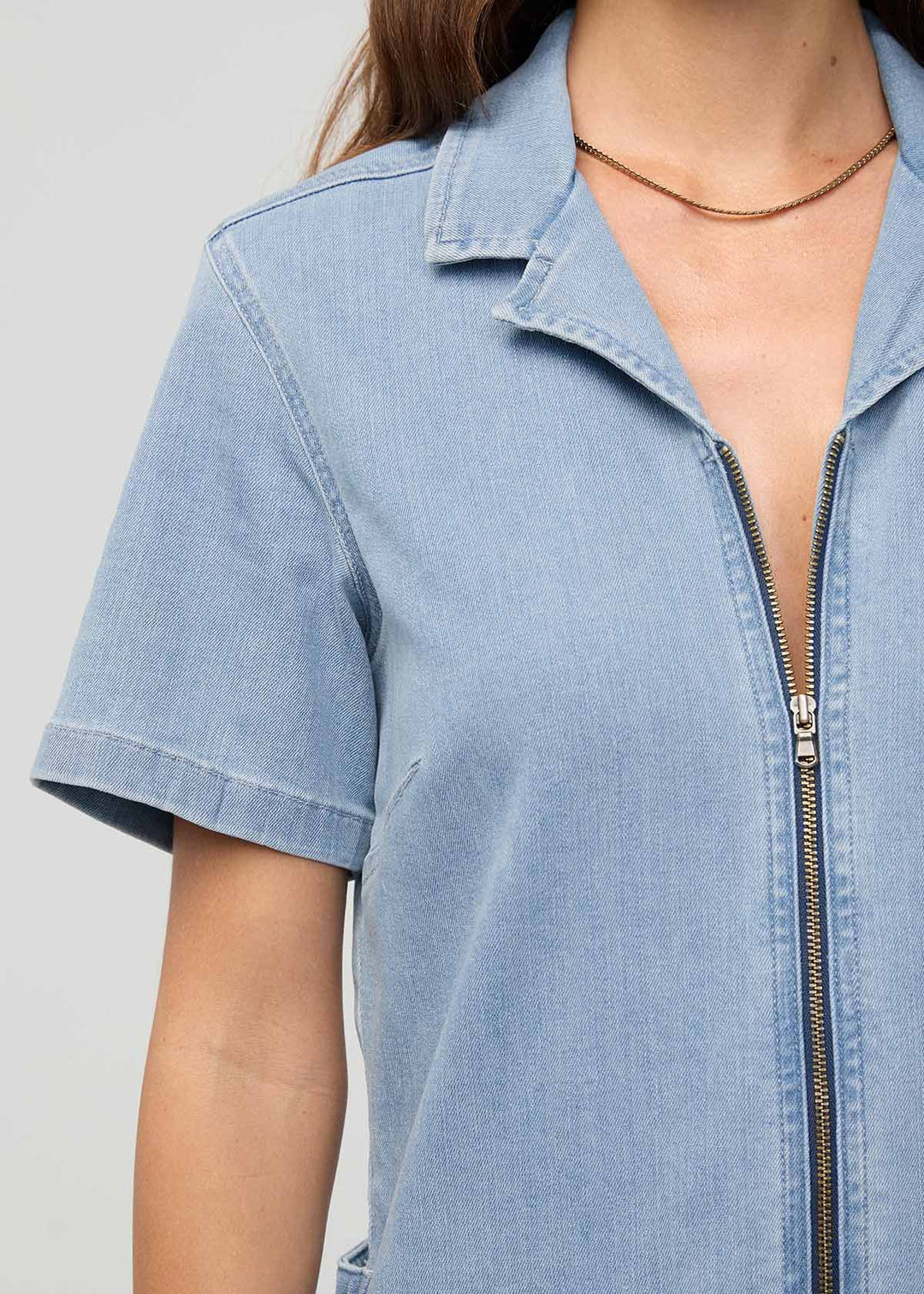 Performance Denim Short Sleeve Jumpsuit