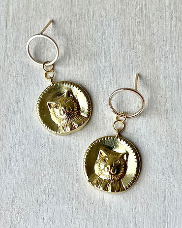 Circle Stud with Cat Pendant Earrings