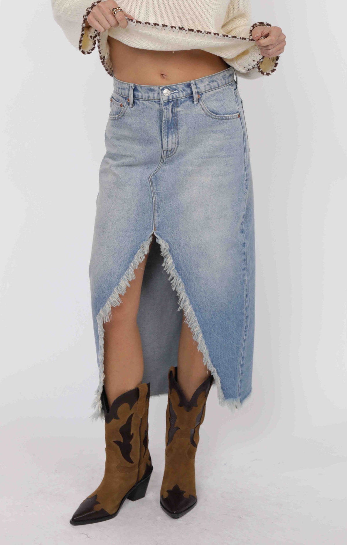 Range Distressed Slit Denim Midi Skirt