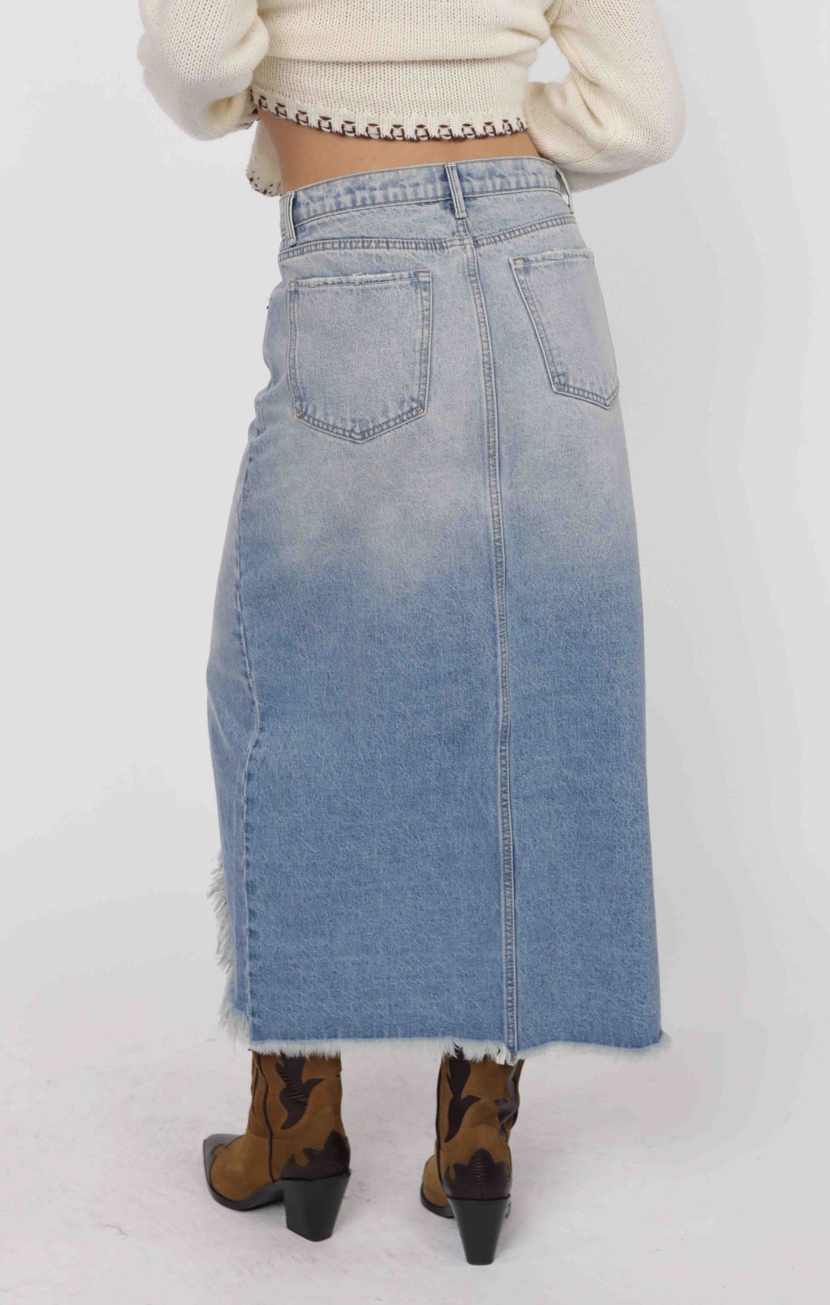 Range Distressed Slit Denim Midi Skirt