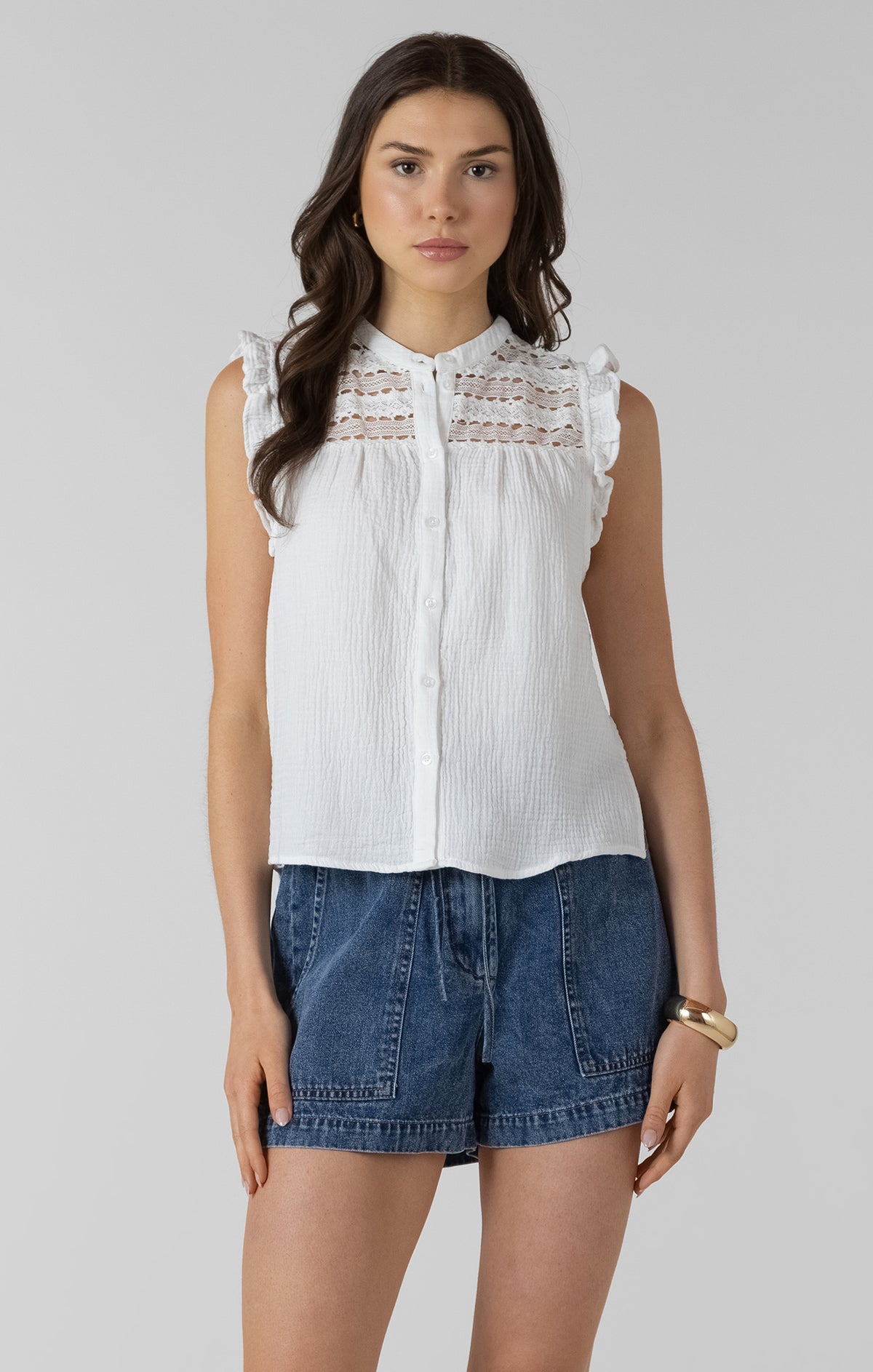 Lace Insert Button Front Blouse