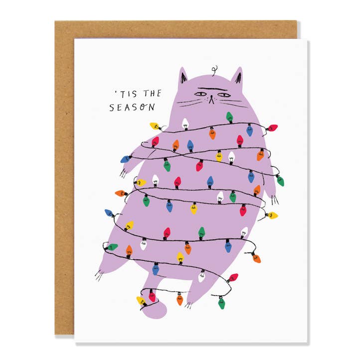 Greeting card with a purple cat decorated with Christmas lights and 'Tis the Season text.